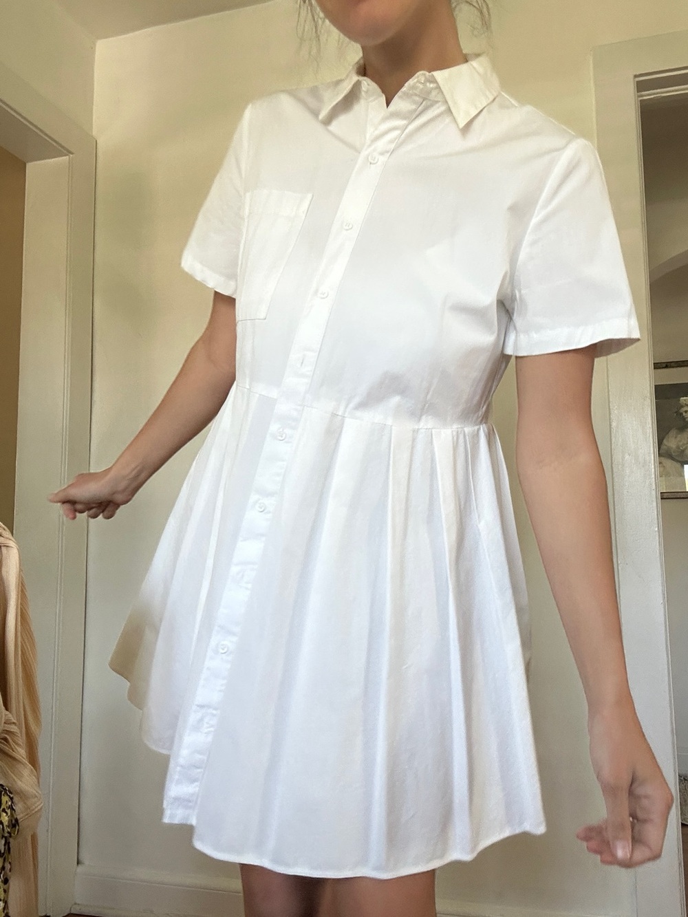 White Short-Sleeve Pleated Mini Dress